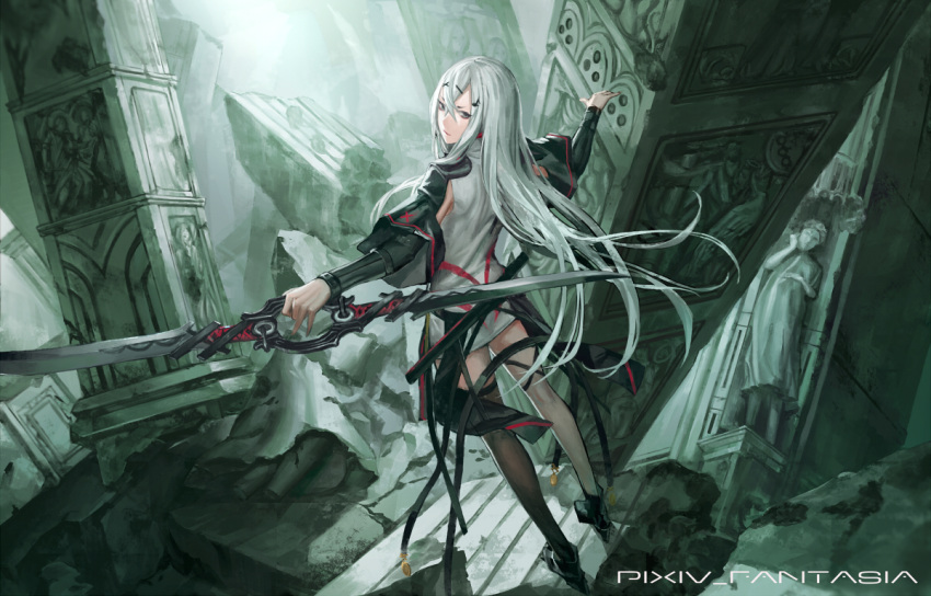 1girl, bangs, black_boots, black_legwear, boots, copyright_name, double-blade, dress