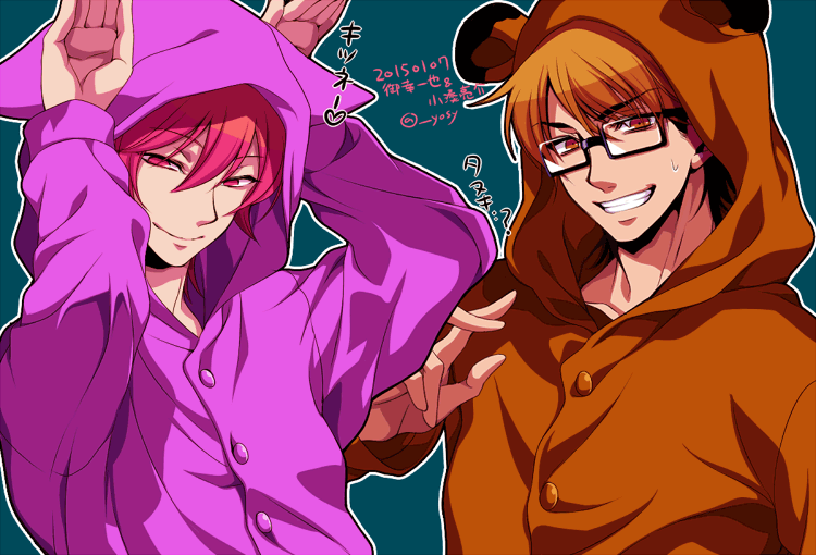 2boys, ace_of_diamond, animal_costume, brown_eyes, brown_hair, glasses, hands_in_air, hood