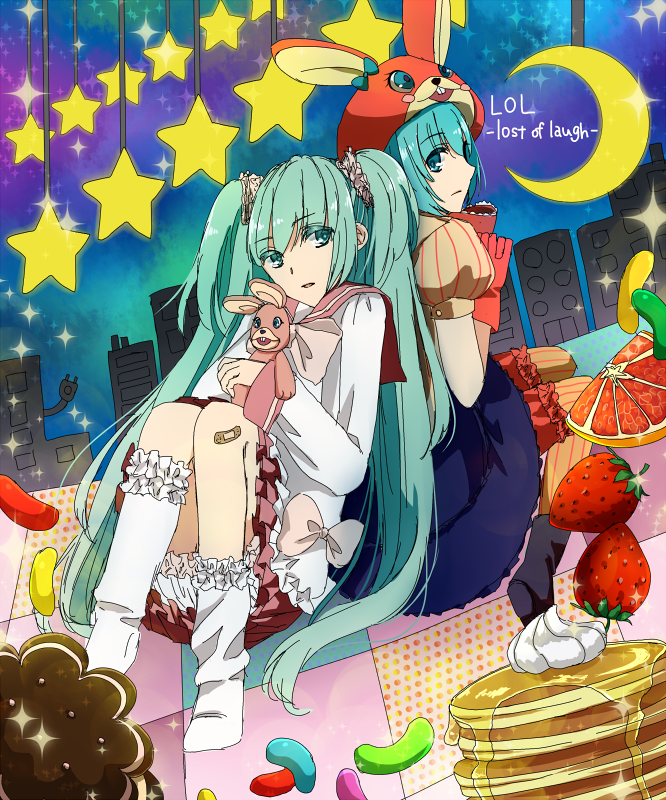 2girls, aqua_eyes, aqua_hair, bandaid, bandaid_on_knee, bangs, bunny_hat, candy