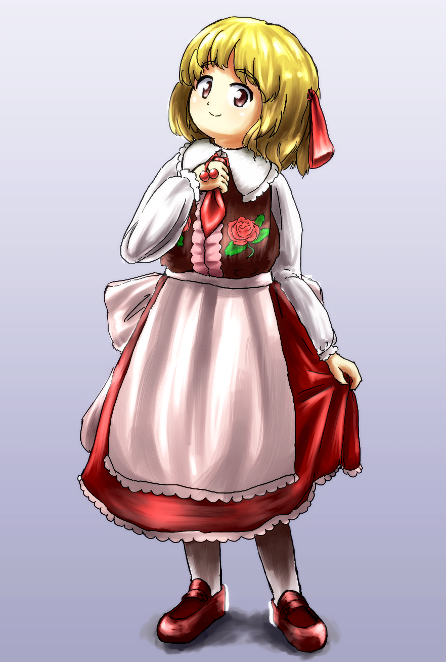 1girl, alternate_costume, apron, blonde_hair, dress, floral_print, flower, frilled_dress