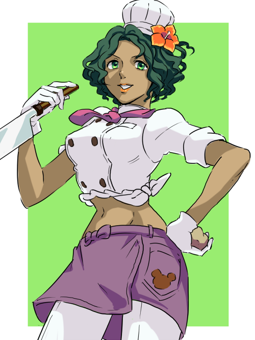 1girl, chef_hat, chef_uniform, cleaver, dark_skin, flower, green_background, green_eyes