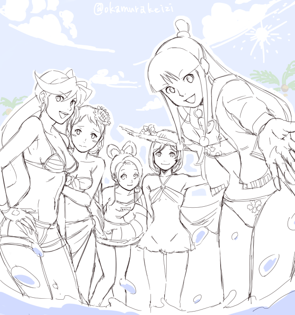 5girls, ayasato_harumi, ayasato_mayoi, bikini_under_clothes, blue_sky, blush_stickers, gyakuten_saiban, half_updo