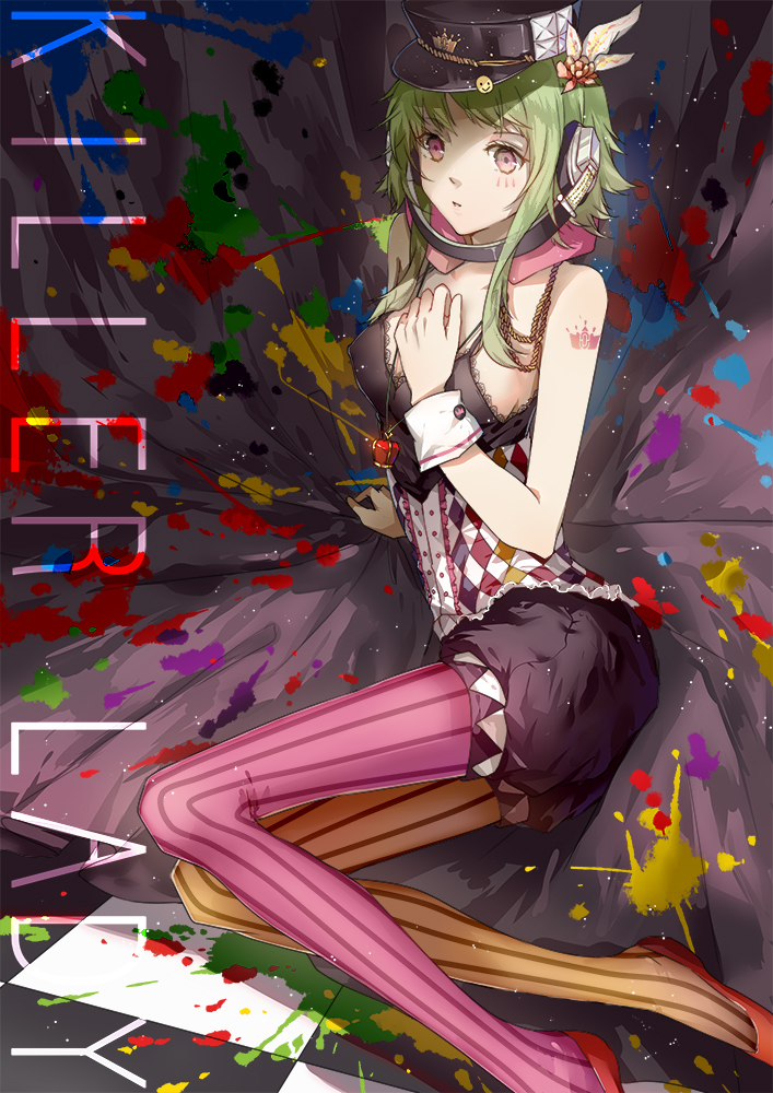 1girl, breasts, flat_cap, flower, frills, green_eyes, gumi, hair_flower