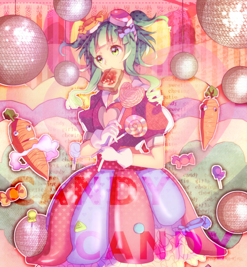 1girl, candy, candy_candy_(song), carrot, disco_ball, dress, food_in_mouth, gloves, goggles, goggles_on_head, green_eyes, green_hair, gumi, highres, jam, lollipop, lyrics, meishin_(primum00), mouth_hold, puffy_short_sleeves, puffy_sleeves, short_hair_with_long_locks, short_sleeves, solo, song_name, toast, toast_in_mouth, two_side_up, vocaloid, white_gloves