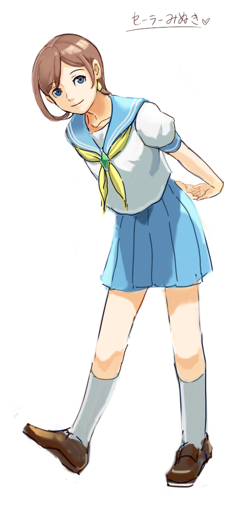 1girl, alternate_costume, arms_behind_back, blue_eyes, blue_skirt, brown_hair, brown_shoes, casual