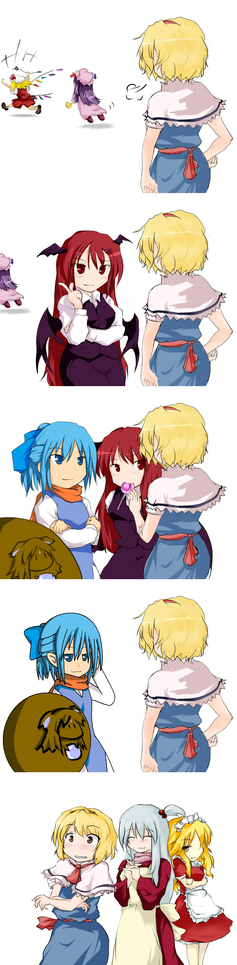 absurdres, alice_margatroid, beegle, candy, cirno, cirno-nee, closed_eyes, flandre_scarlet