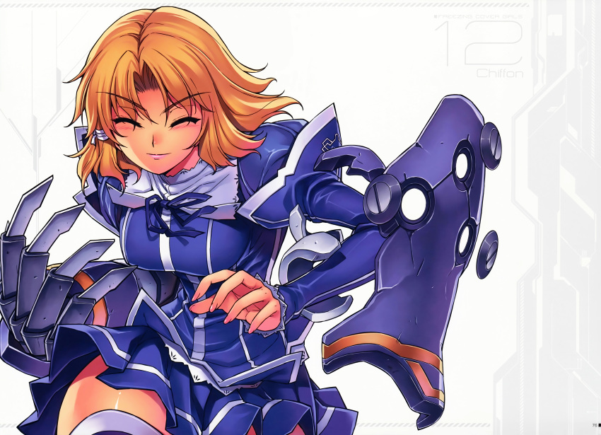 1girl, absurdres, blonde_hair, blue_ribbon, blush, breasts, chiffon_fairchild, claw_(weapon)