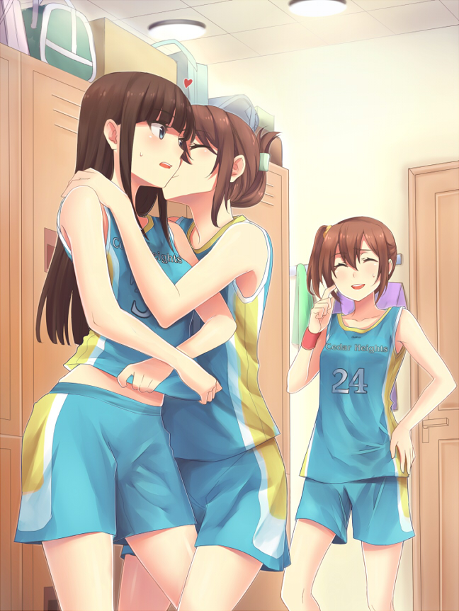 ^_^, bag, basketball_uniform, brown_hair, cheek_kiss, closed_eyes, door, handbag