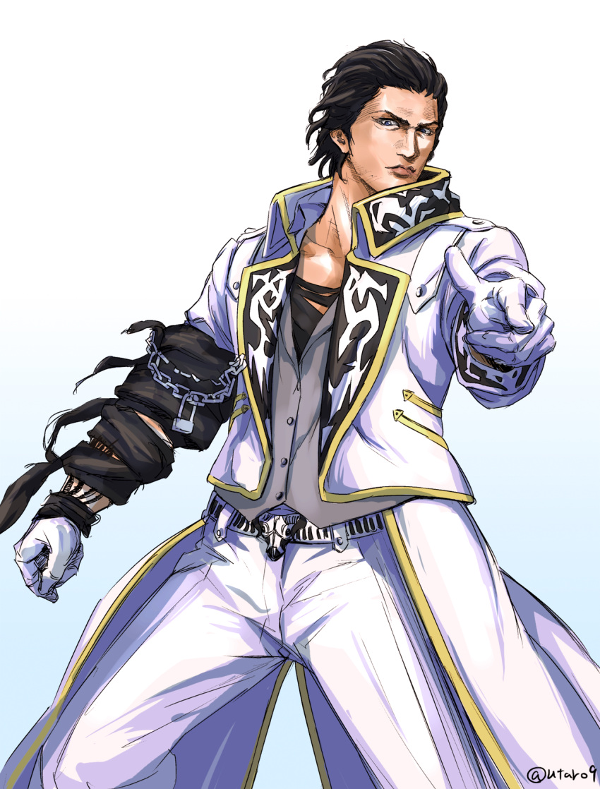 1boy, black_hair, blue_eyes, claudio_serafino, gloves, hair_slicked_back, highres, kamiki_uutarou