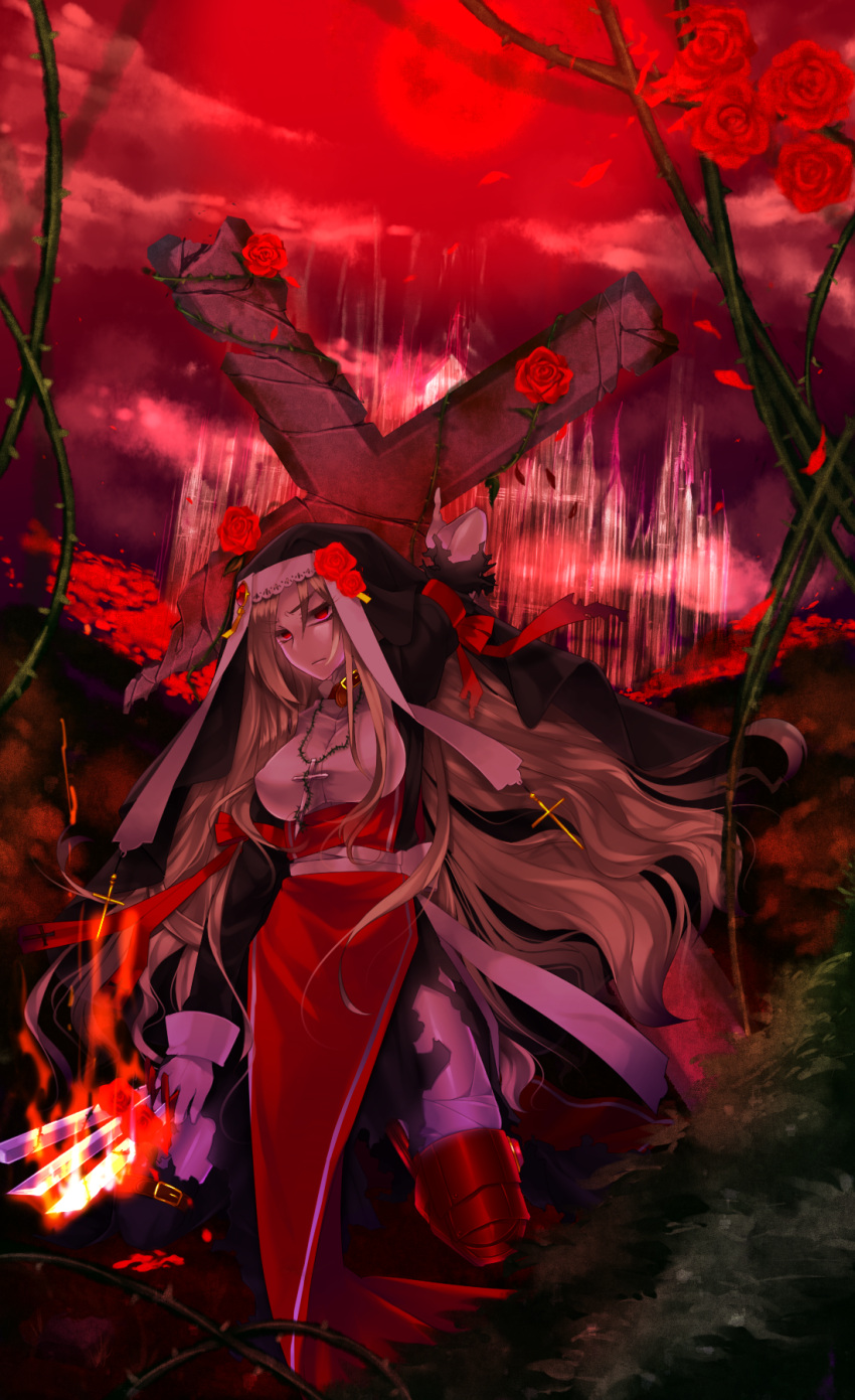 1girl, arm_up, blonde_hair, cross, cross_necklace, flower, full_moon, glowing