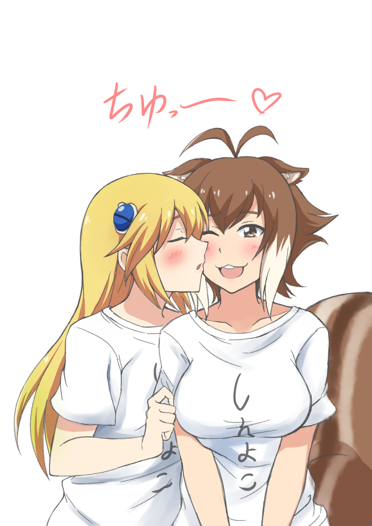 2girls, animal_ears, antenna_hair, blazblue, blazblue:_chronophantasma, blonde_hair, blush, breasts