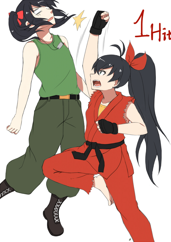 2girls, black_hair, character_request, combat_boots, combo_counter, cosplay, dougi, flat_chest