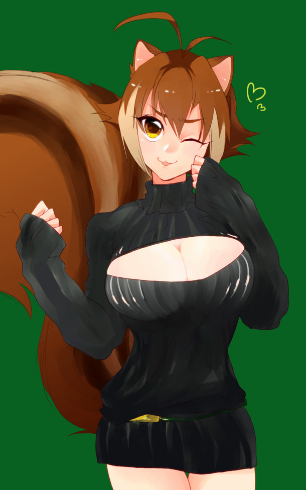 1girl, ;p, animal_ears, antenna_hair, belt, blazblue, breasts, brown_eyes