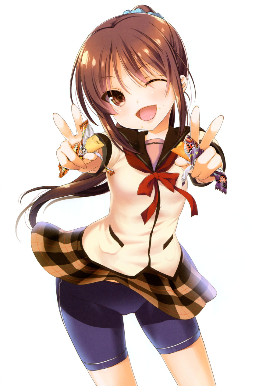 1girl, ;d, absurdres, bike_shorts, brown_eyes, brown_hair, double_v, food, highres, jinsei, long_hair, nanase_meruchi, official_art, one_eye_closed, open_mouth, outstretched_arms, plaid, plaid_skirt, ponytail, scan, school_uniform, serafuku, skirt, smile, solo, suzuki_ikumi_(jinsei), v, white_background, wind_lift