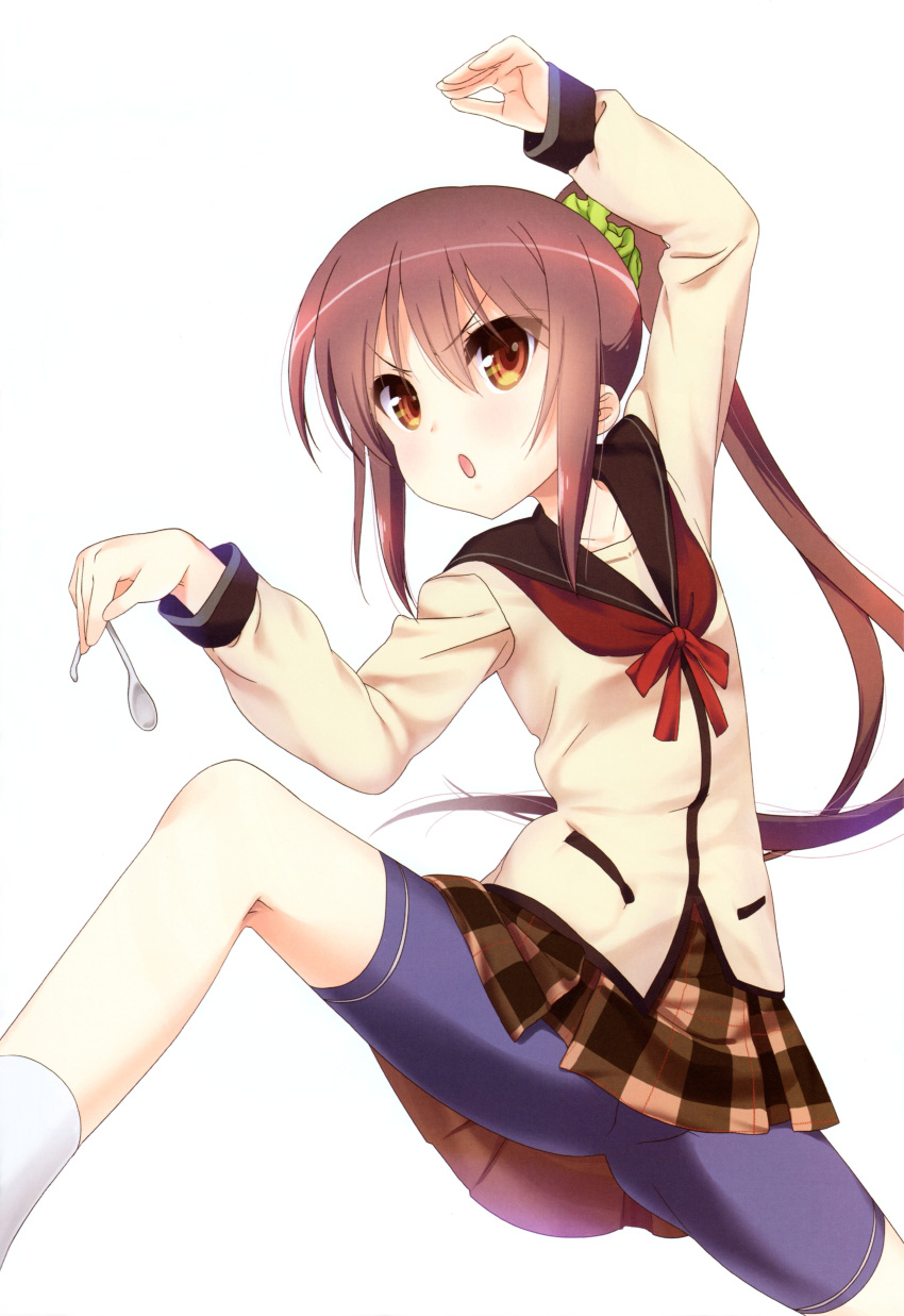 1girl, :o, absurdres, bike_shorts, brown_eyes, brown_hair, highres, holding
