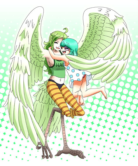 2girls, barefoot, blue_hair, breasts, closed_eyes, clothes_writing, donquixote_family, dress, feathered_wings, feathers, glomp, green_hair, happy, harpy, hug, long_hair, monet_(one_piece), monocle, monster_girl, multiple_girls, one_piece, open_mouth, polka_dot, polka_dot_dress, short_hair, siblings, sisters, smile, striped, sugar_(one_piece), talons, tank_top, wings