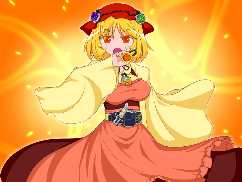 1girl, aki_minoriko, belt, blonde_hair, crossover, female, hat, henshin