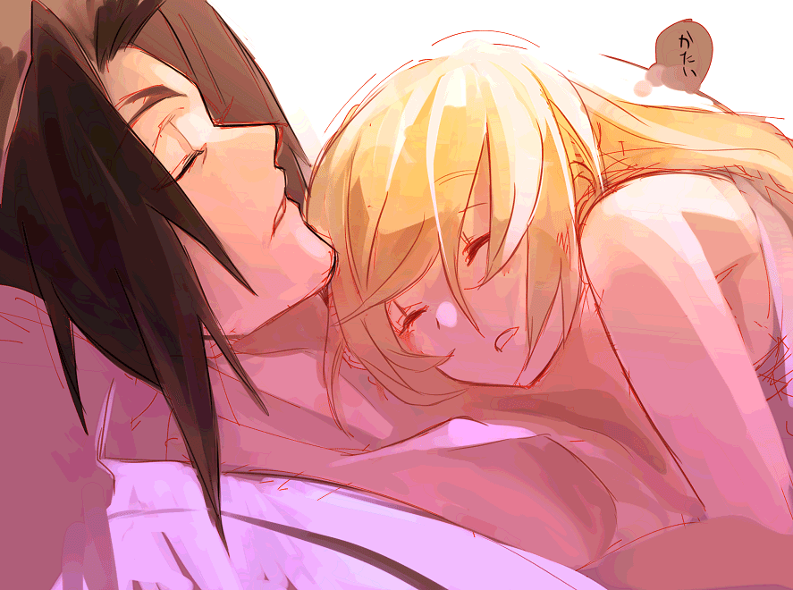 1boy, 1girl, black_hair, blazblue, blazblue:_chronophantasma, blonde_hair, closed_eyes, couple