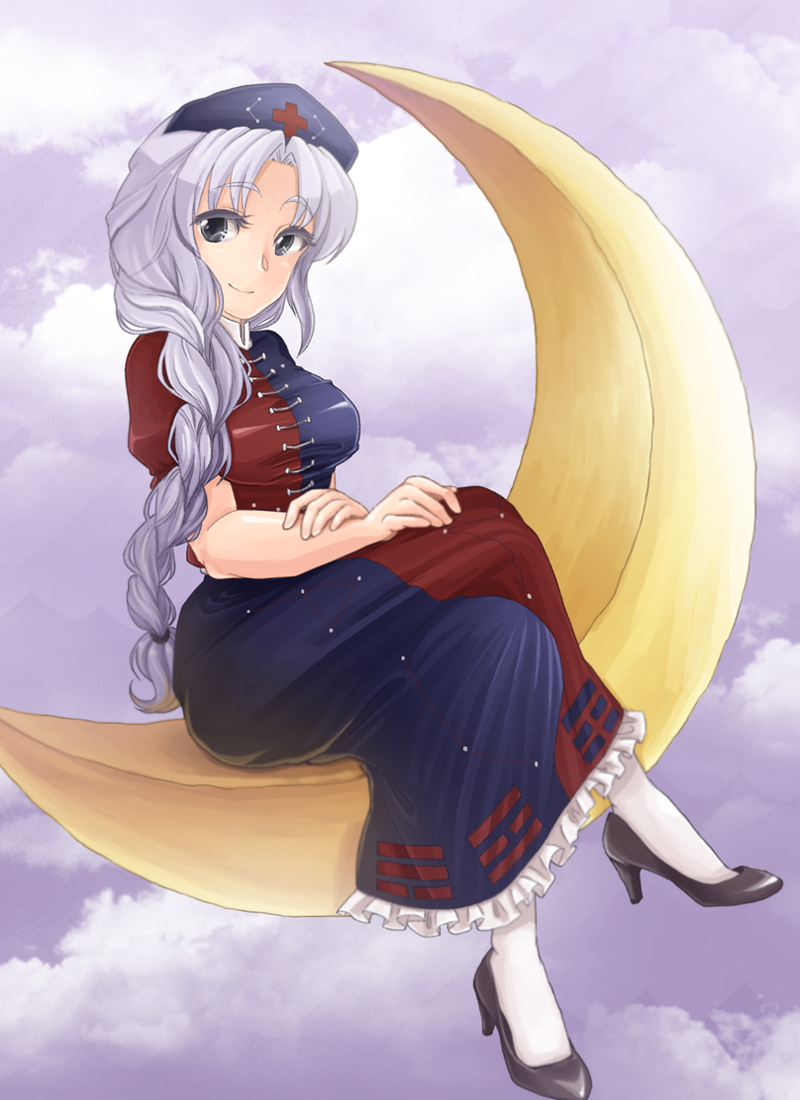 1girl, blue_eyes, braid, clouds, cloudy_sky, crescent_moon, crossed_legs, frilled_skirt
