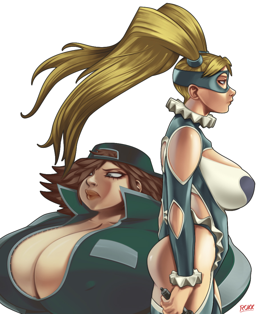 2girls, backwards_hat, baseball_cap, blonde_hair, breasts, brown_hair, cleavage, gigantic_breasts