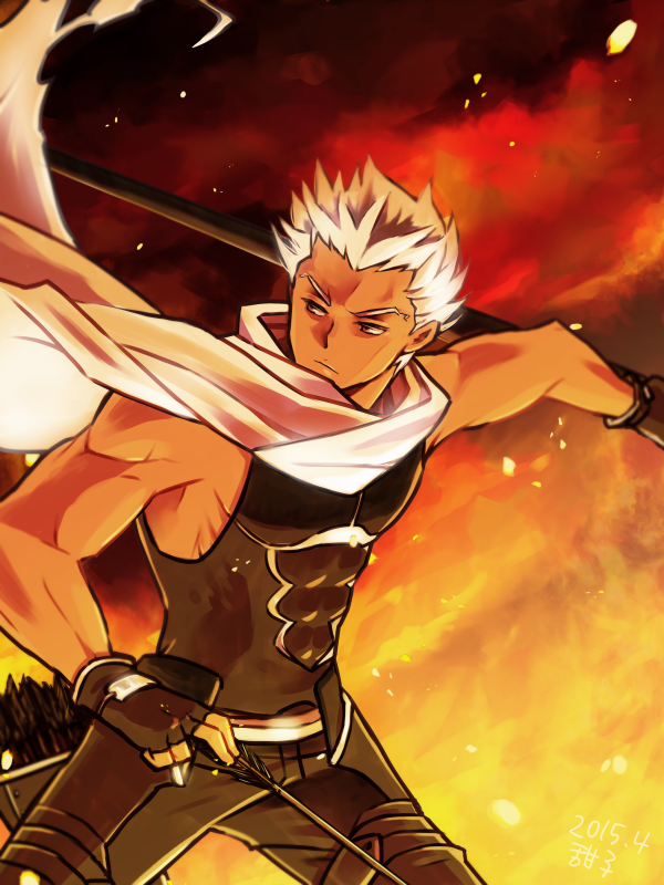 1boy, archer, arrow, cape, dark_skin, dated, fate/stay_night, fate_(series)
