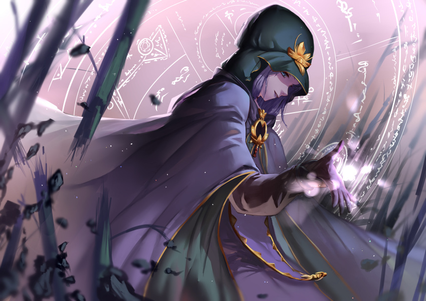 1girl, absurdres, blue_eyes, blue_hair, caster, cloak, fate/stay_night, fate_(series), hat, highres, hon_(loliconxh123), magic_circle, pointy_ears, solo