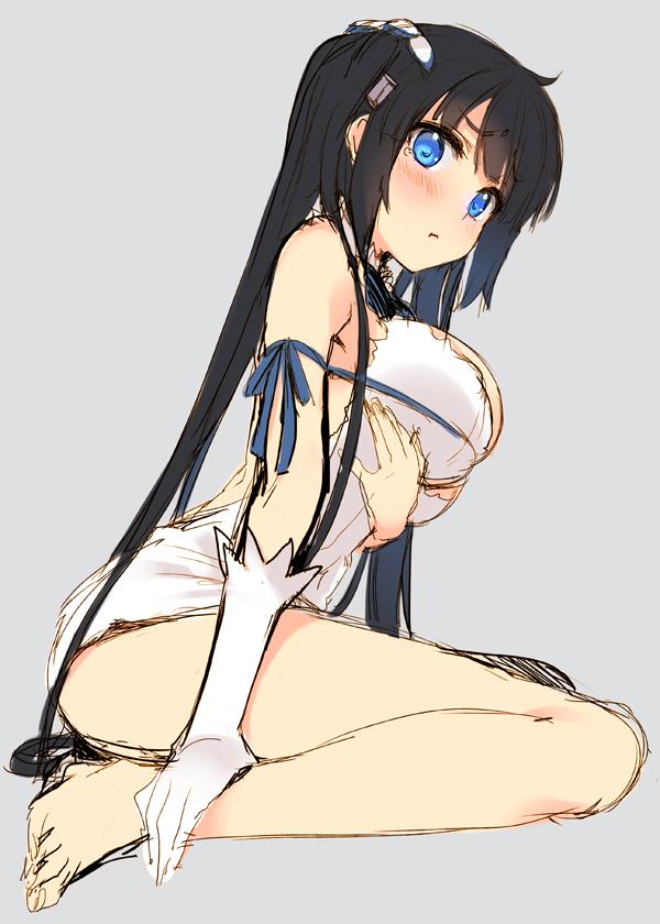 black_hair, blue_eyes, breasts, cleavage_cutout, dress, dungeon_ni_deai_wo_motomeru_no_wa_machigatteiru_darou_ka, hestia_(dungeon), large_breasts, long_hair, sketch, tatami_to_hinoki, twintails, white_dress