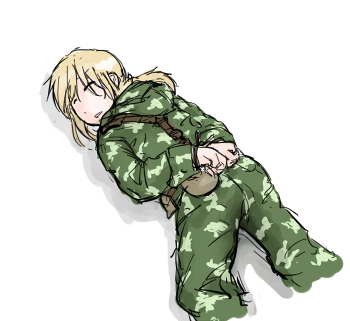 1girl, anya_(dutchko), blonde_hair, camouflage, dutchko, klmk_(camo), lying, military