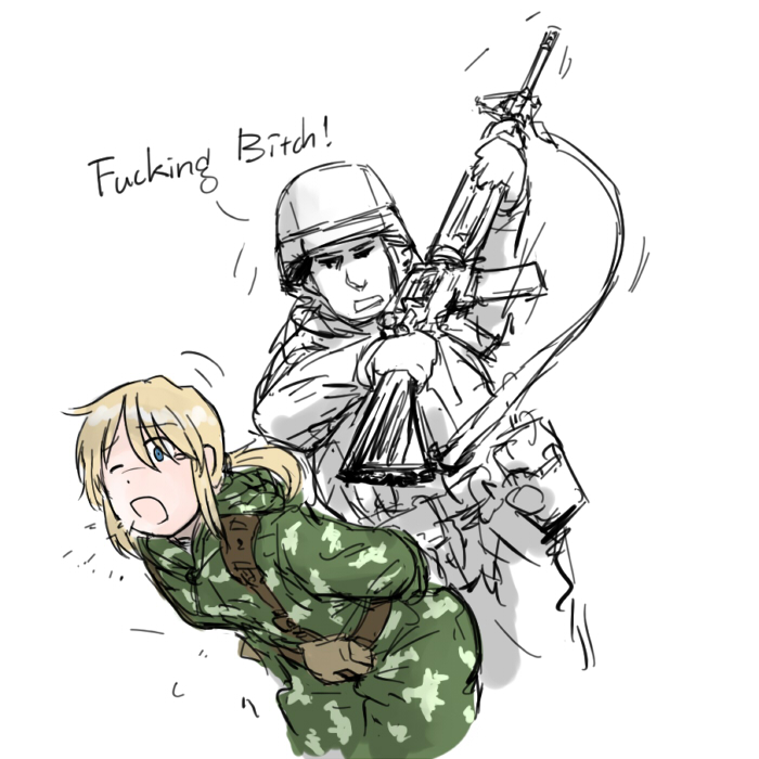 1boy, 1girl, anya_(dutchko), assault_rifle, blonde_hair, blue_eyes, boots, camouflage, dutchko, english, gun, hat, helmet, hitting, klmk_(camo), military, military_hat, military_uniform, original, ponytail, pouches, rifle, short_hair, soldier, tagme, tied_up, uniform, weapon