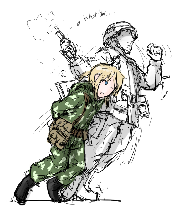 1boy, 1girl, anya_(dutchko), blonde_hair, blue_eyes, boots, camouflage, cartridge