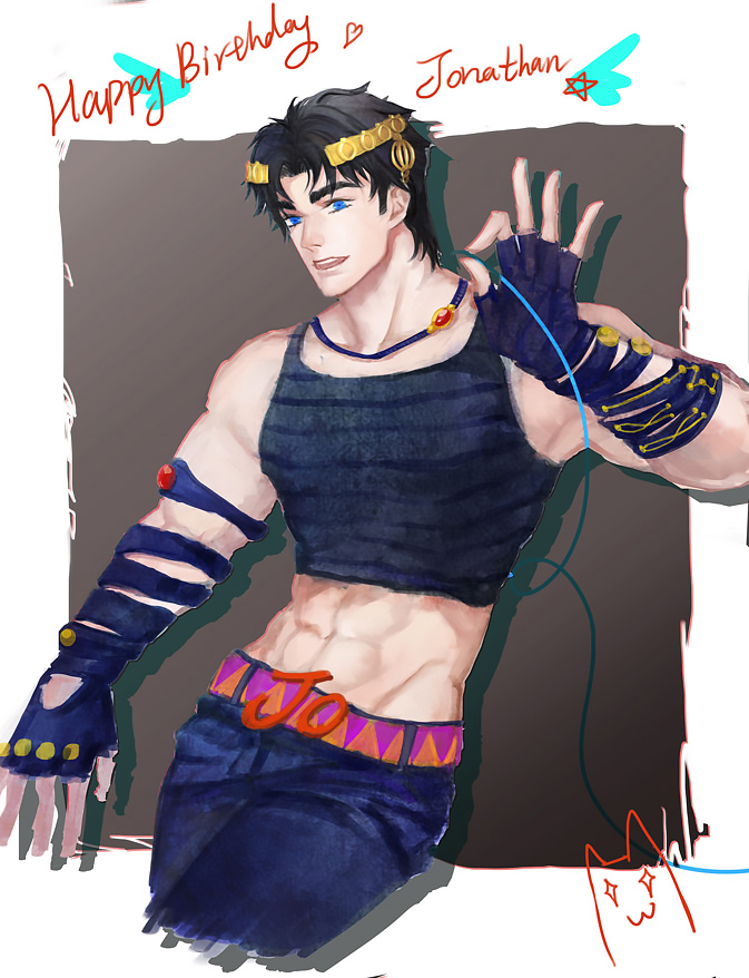 1boy, black_hair, blue_eyes, happy_birthday, jojo_no_kimyou_na_bouken, jonathan_joestar, midriff, solo