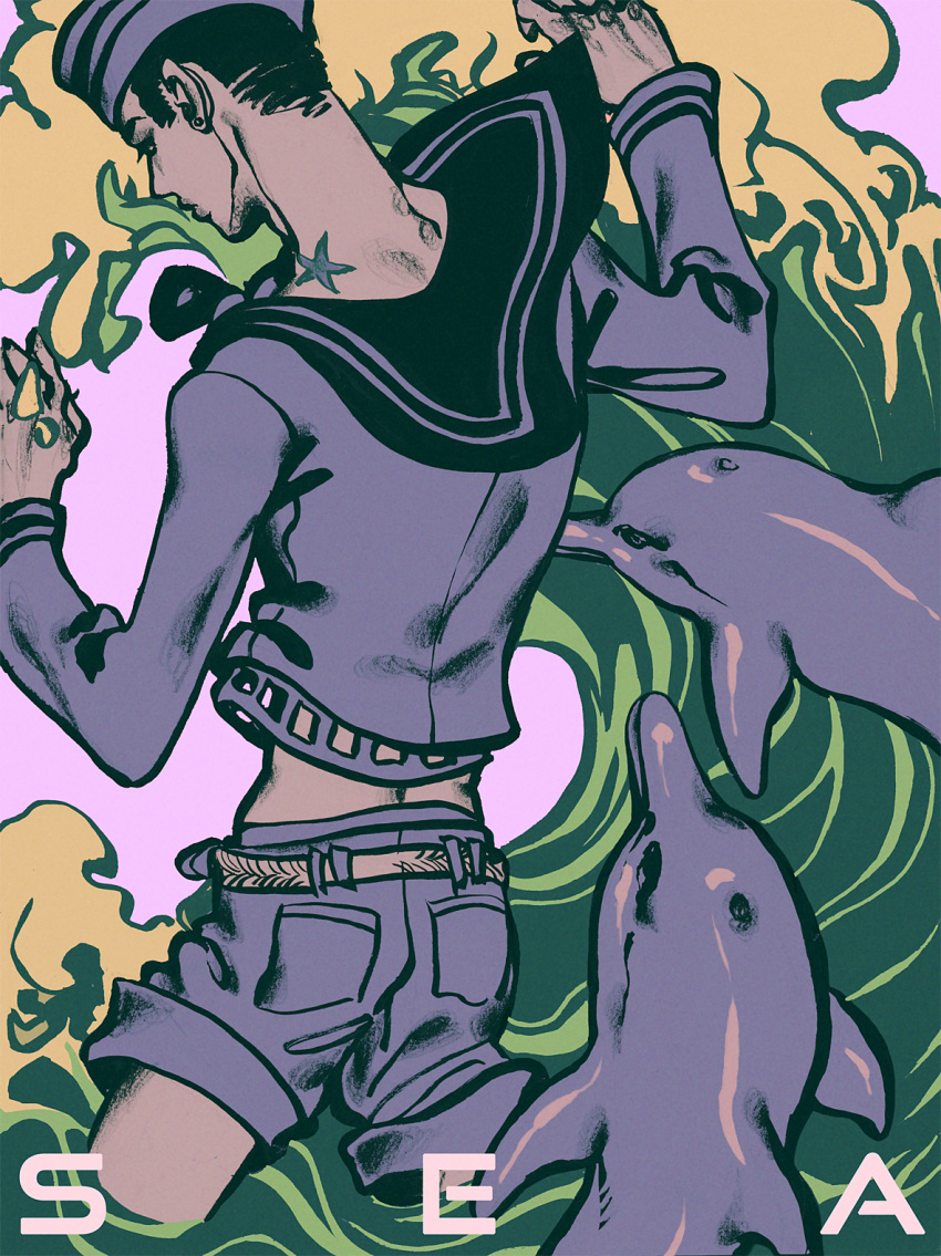1boy, dixie_cup_hat, dolphin, hat, higashikata_jousuke_(jojolion), highres, jojo_no_kimyou_na_bouken, jojolion, limited_palette, military_hat, shorts, thorupanda