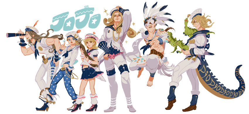 1girl, 5boys, blonde_hair, diego_brando, dinosaurs, dixie_cup_hat, funny_valentine, gyro_zeppeli