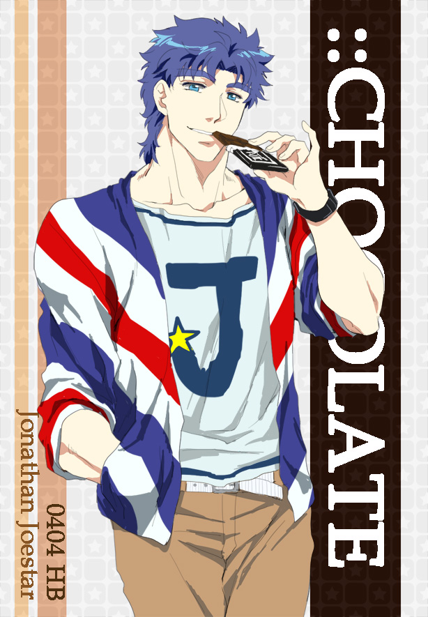 1boy, blue_eyes, blue_hair, chocolate_bar, contemporary, jojo_no_kimyou_na_bouken, jonathan_joestar, saoyou