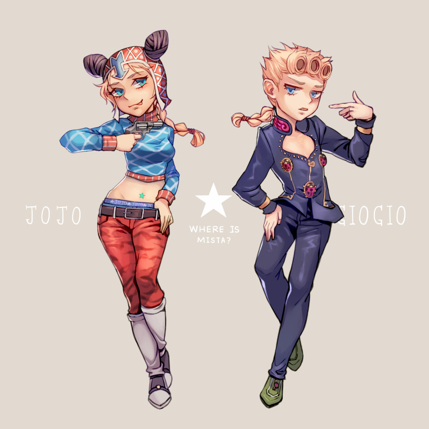 1boy, 1girl, black_hair, blonde_hair, blue_eyes, cosplay, double_bun, giorno_giovanna, guido_mista, guido_mista_(cosplay), highres, jojo_no_kimyou_na_bouken, kuujou_jolyne, midriff, misuru, multicolored_hair, two-tone_hair
