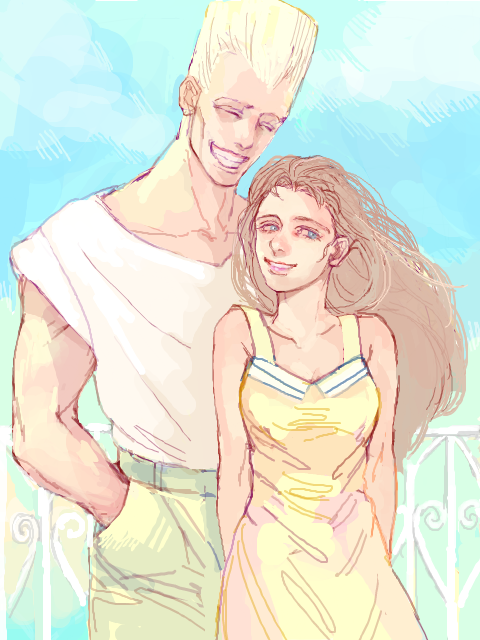 1boy, 1girl, brother_and_sister, brown_hair, cherie_polnareff, ichi_(fe1538), jean_pierre_polnareff, jojo_no_kimyou_na_bouken, siblings, tegaki, white_hair