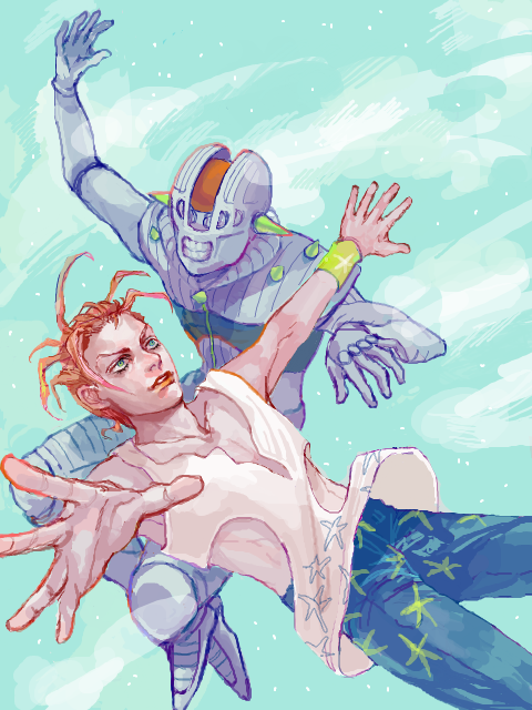 2boys, brown_hair, ichi_(fe1538), jojo_no_kimyou_na_bouken, kraftwerk_(stand), multiple_boys, sale_(jojo), stand_(jojo)
