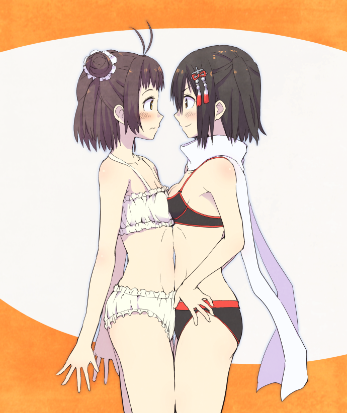 2girls, bra, brown_eyes, brown_hair, double_bun, hair_ornament, hands_on_hips, kantai_collection