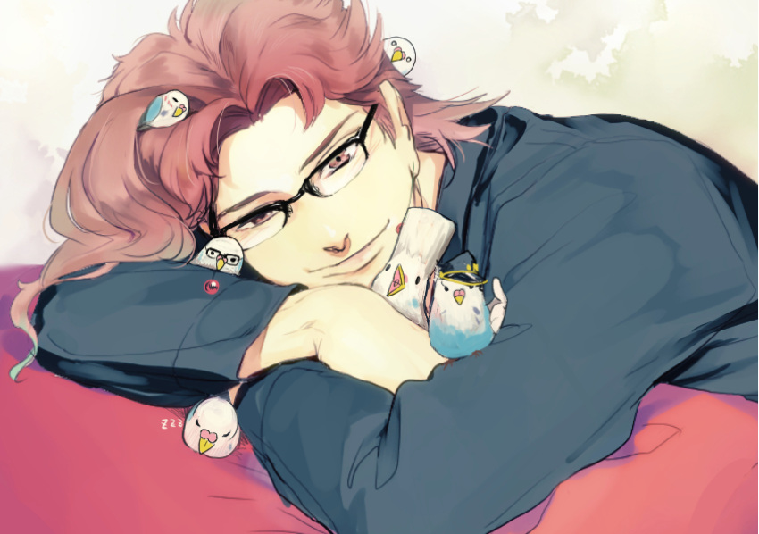 absurdres, bespectacled, bird, budgerigar_(bird), glasses, highres, jean_pierre_polnareff, jojo_no_kimyou_na_bouken