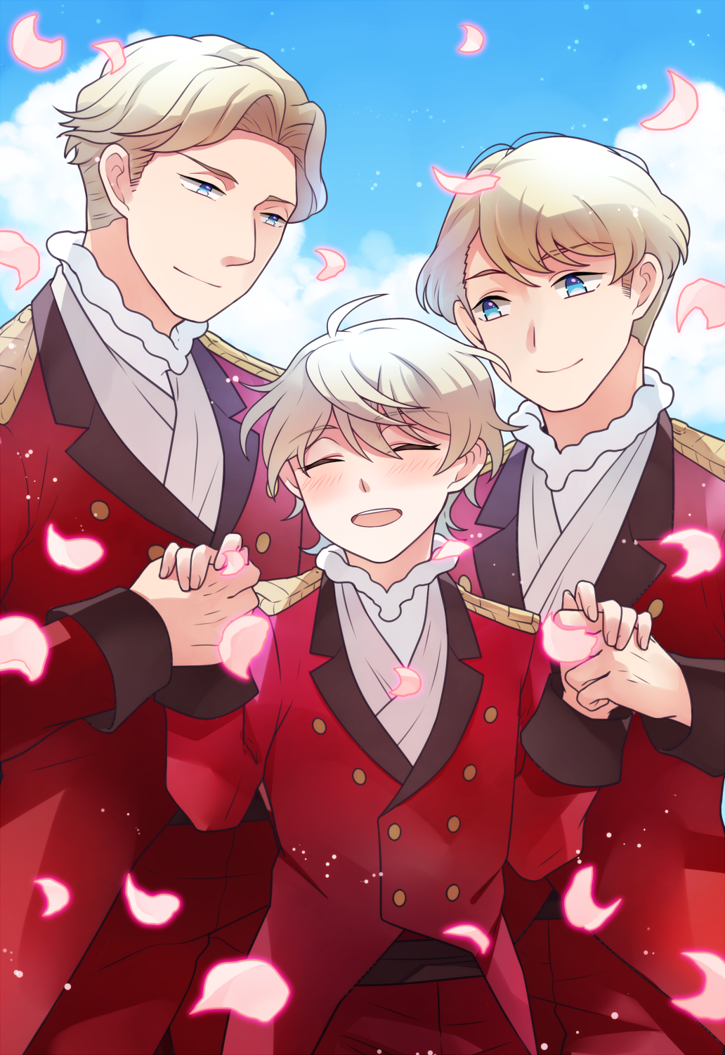 3boys, aldnoah.zero, blonde_hair, blue_eyes, cruhteo, highres, klancain, multiple_boys