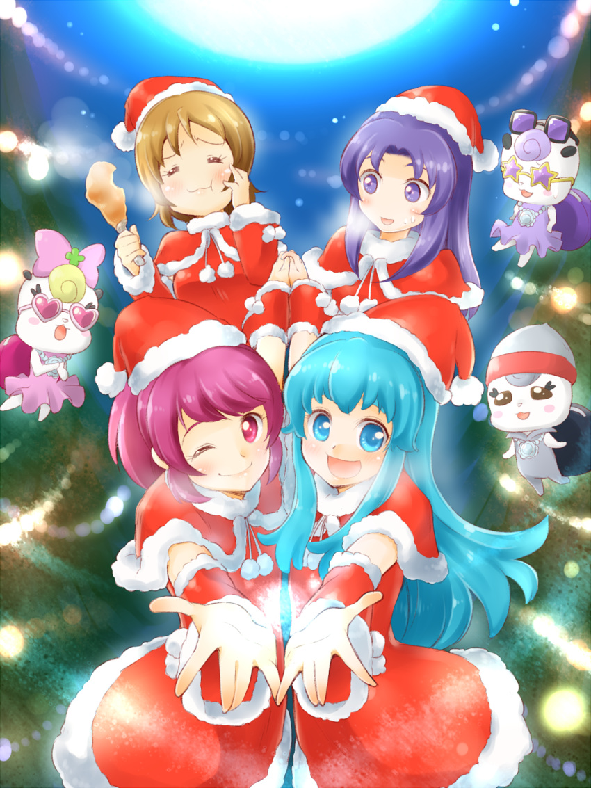 4girls, aino_megumi, alternate_costume, arakawa_tarou, blue_eyes, blue_hair, blush, brown_hair