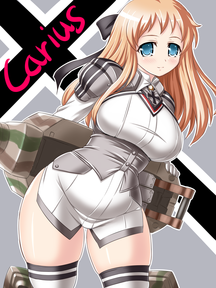 blonde_hair, blue_eyes, blush, bow, carius_(milihime_taisen), iron_cross, jagdtiger, long_hair