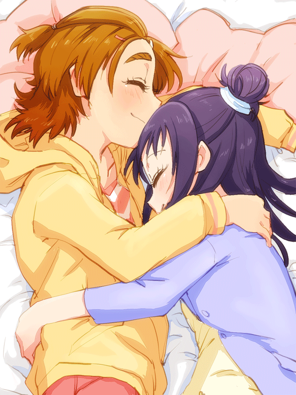 2girls, azuma_yukihiko, bed, bed_sheet, blush, brown_hair, closed_eyes, couple