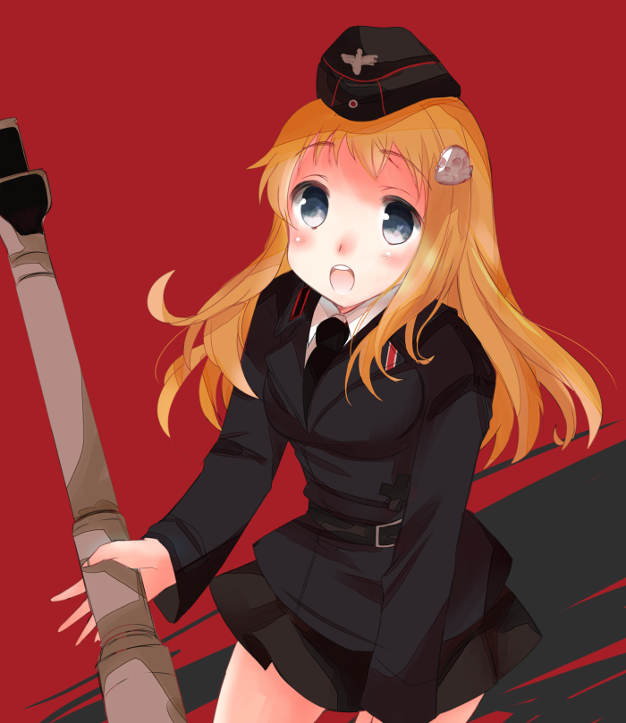black_skirt, blonde_hair, carius_(milihime_taisen), grey_eyes, hair_ornament, long_hair, mecha_musume, milihime_taisen, military, military_uniform, military_vehicle, skirt, skull_hair_ornament, tank, tiger_(tank), uniform, vehicle