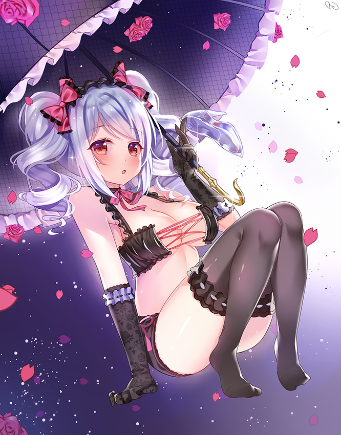 1girl, drill_hair, elbow_gloves, flower, gendo0033, glass_slipper, gloves, idolmaster, idolmaster_cinderella_girls, kanzaki_ranko, large_breasts, lingerie, long_hair, parasol, petals, red_eyes, rose, silver_hair, solo, thigh-highs, twin_drills, twintails, umbrella, underwear