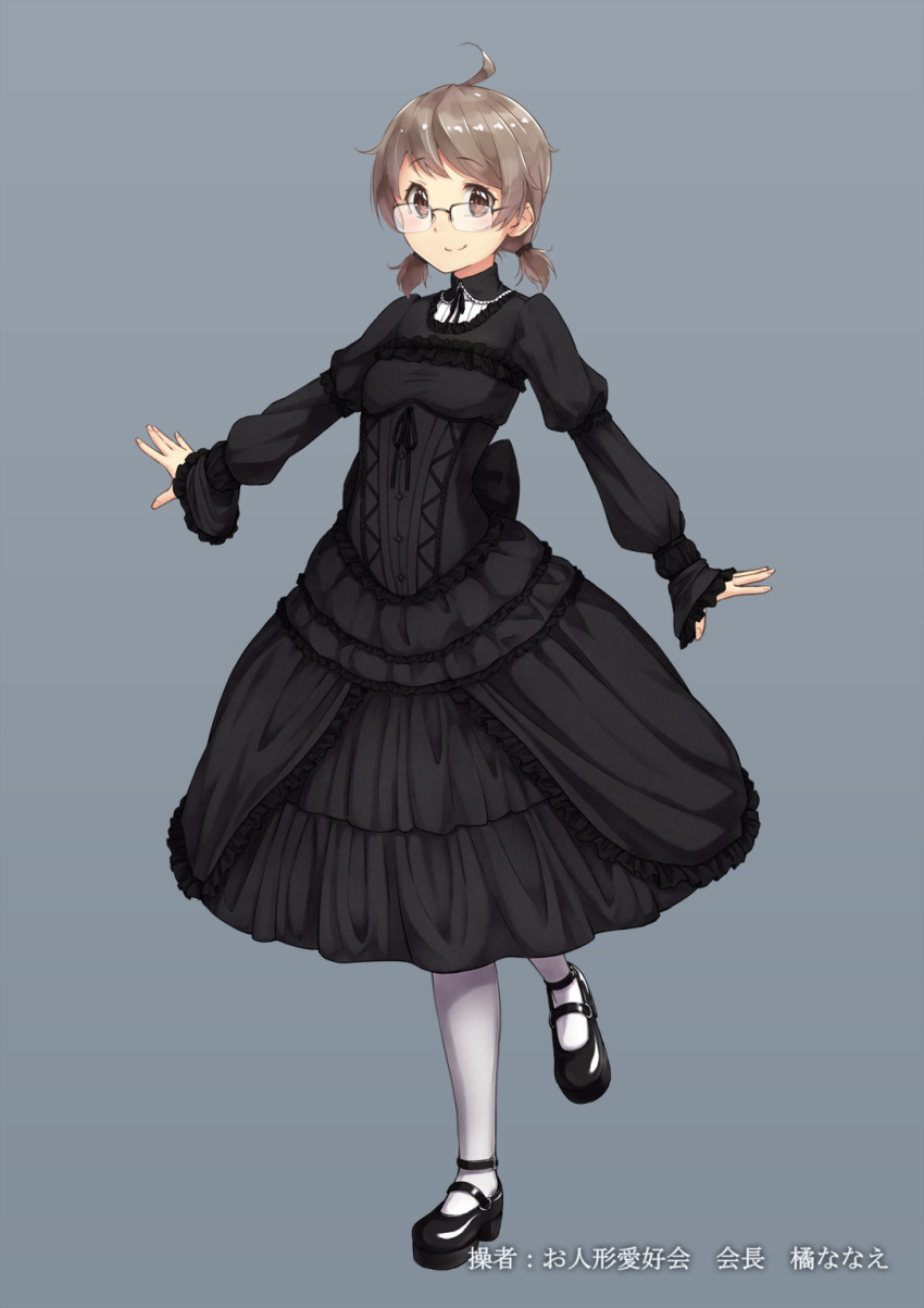 1girl, brown_eyes, brown_hair, dress, glasses, highres, original, pantyhose