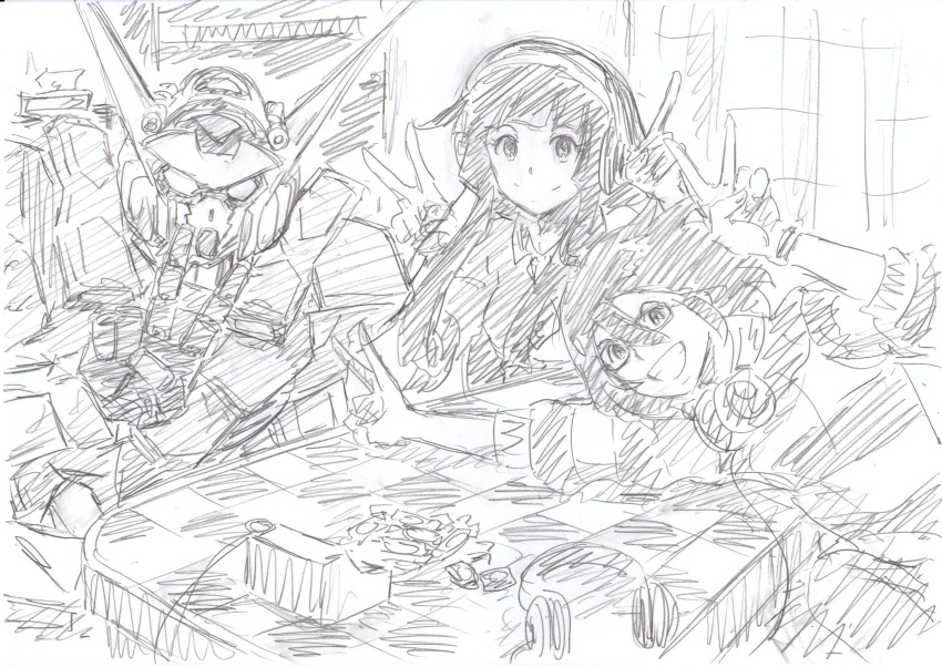 1boy, 1girl, bellri_zenam, g-self, gundam, gundam_g_no_reconguista, headphones, highres, manny_ambassada, monochrome, oota_tamon, sketch