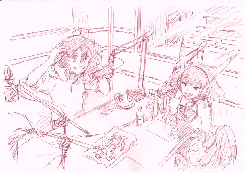 1boy, 1girl, barara_peol, bellri_zenam, gundam, gundam_g_no_reconguista, highres, microphone, monochrome, oota_tamon, sketch