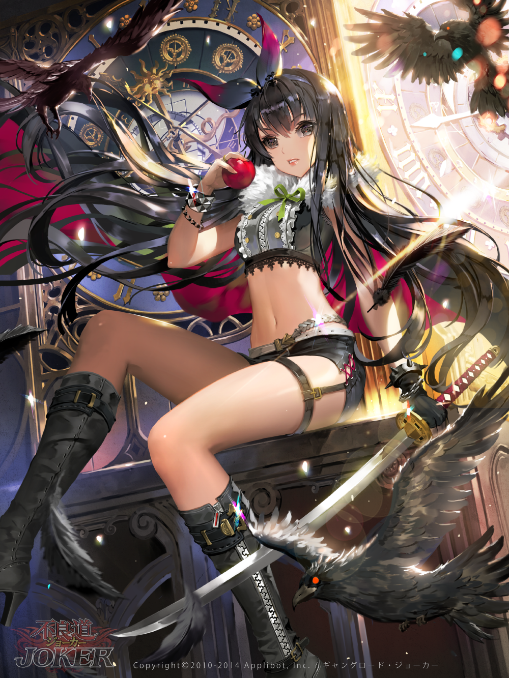 1girl, apple, bird, black_hair, bot, cape, clock, crow