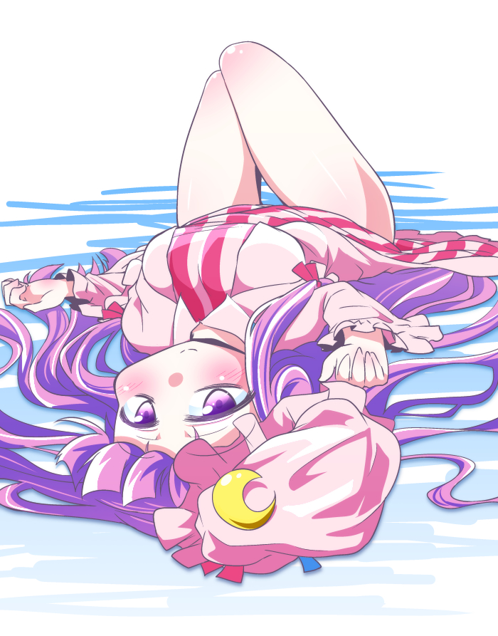 1girl, blue_bow, blue_ribbon, bow, breasts, crescent, crescent_hair_ornament, frills